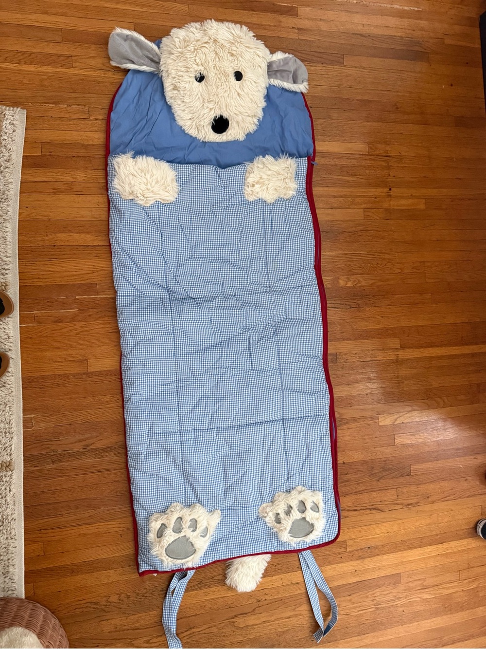 Pair of two Pottery Barn Kids Blue Shaggy Dog Sleeping Bag with Cream Faux-Fur.
